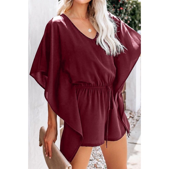 Born To Fly Kimono Style Wine Red Romper - Picture 4 of 6
